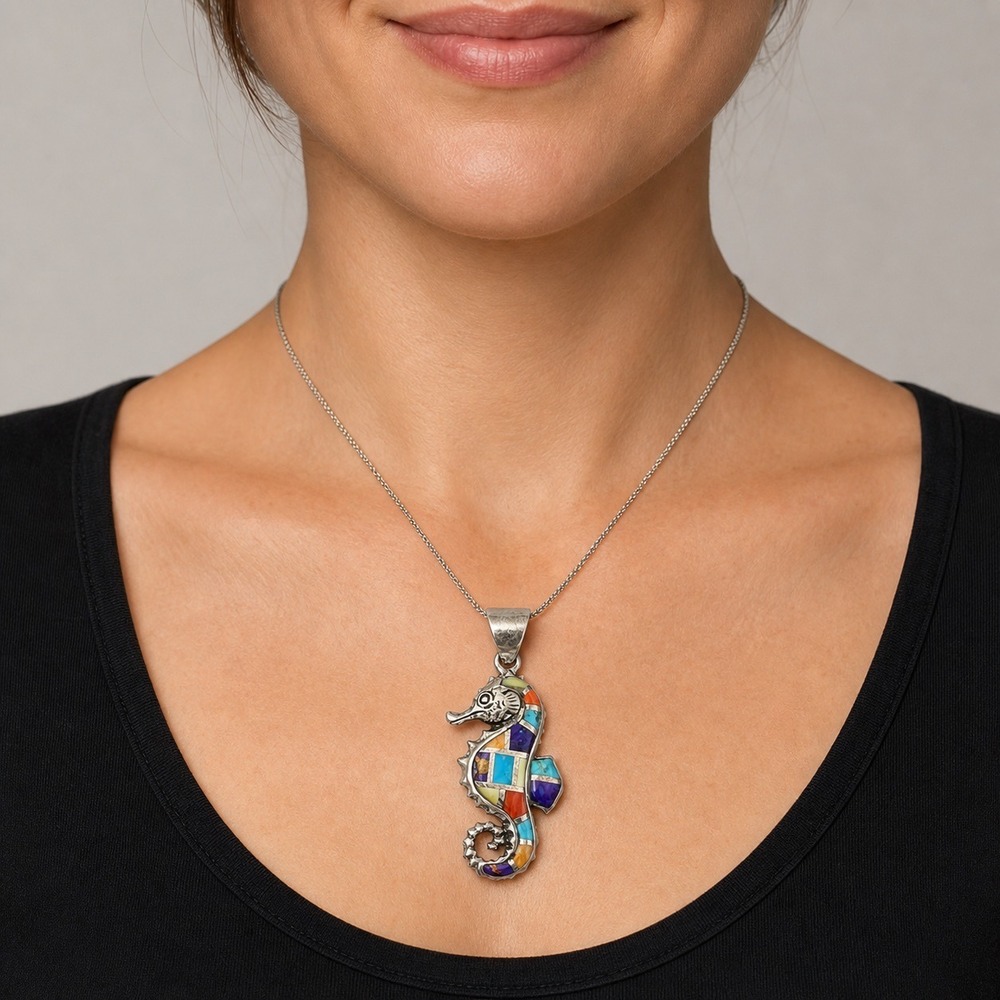 Sterling Silver Seahorse‎ Pendant Multi Color Excellent Mosaic Inlay 925